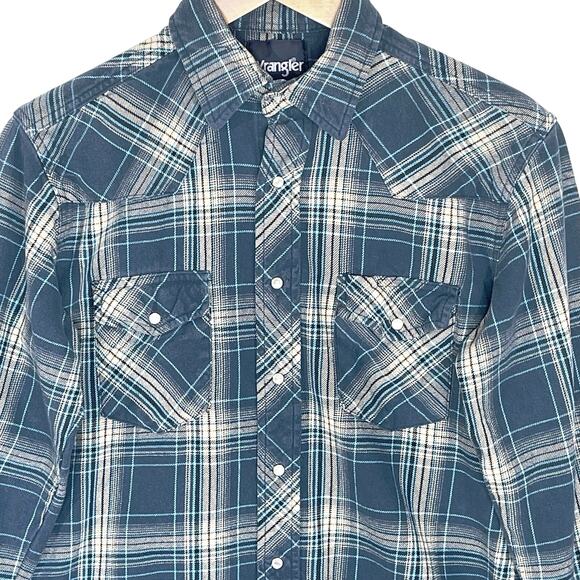 WRANGLER Men’s Blue Plaid Flannel Western Snap Front Shirt Medium - Picture 2 of 5